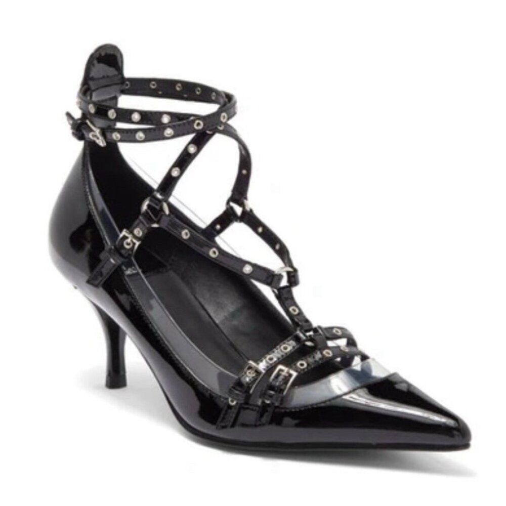 Jeffrey Campbell Resilient Pointed Toe Pump In Black Patent Strappy Heels 8.5